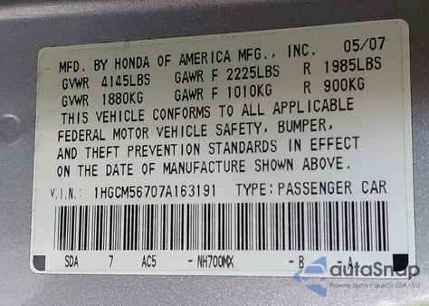 2007 Honda Accord 2.4 Ex из США, поврежденный, VIN 1HGCM56707A163191